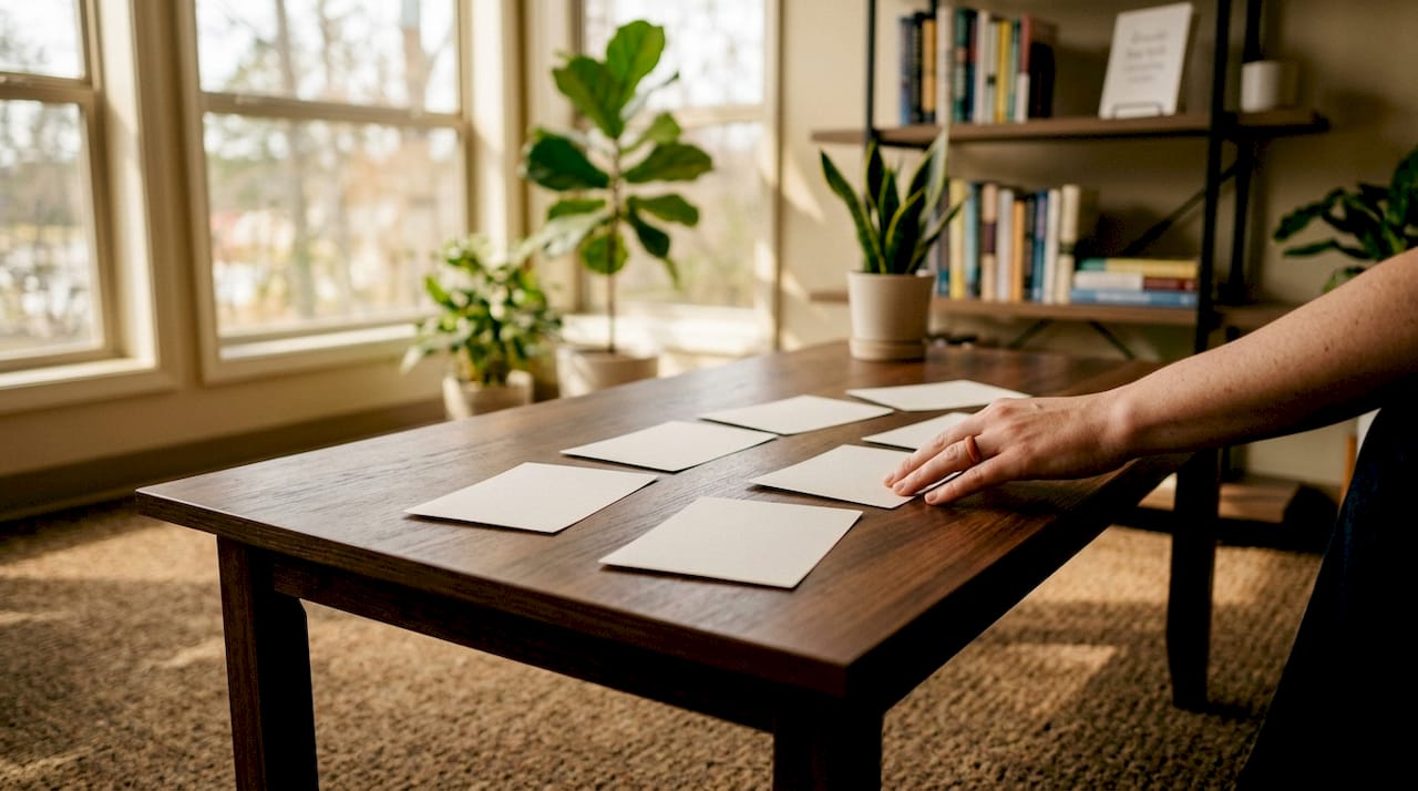 Notecards depicting therapy principles on table