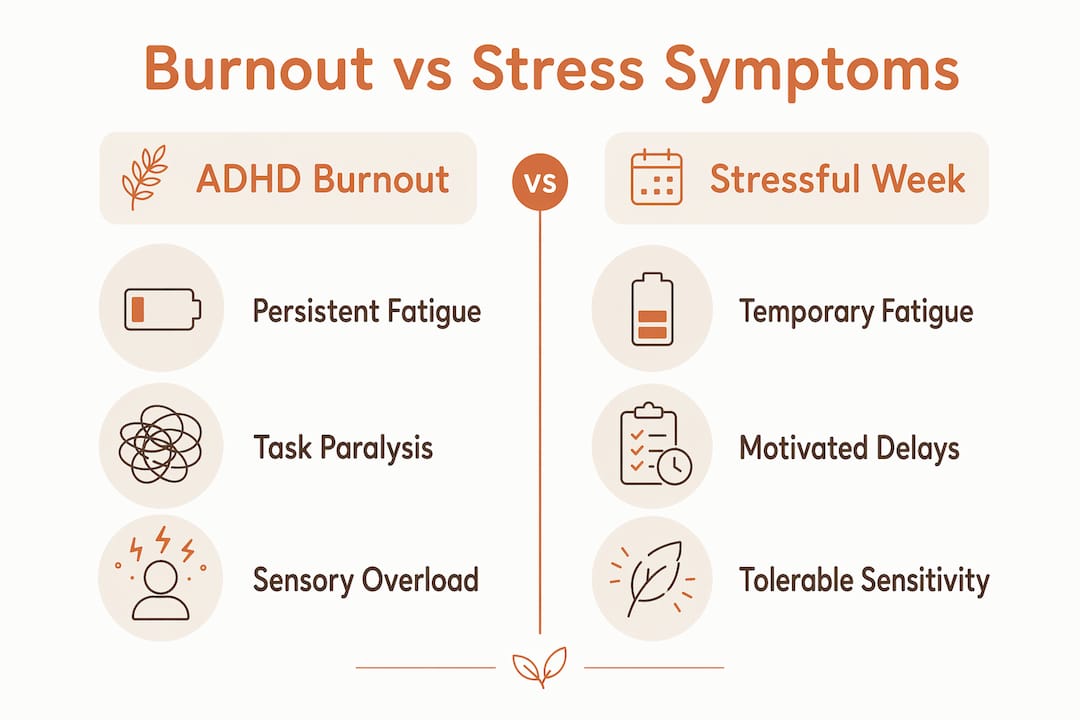 Infographic comparing ADHD burnout and stress symptoms