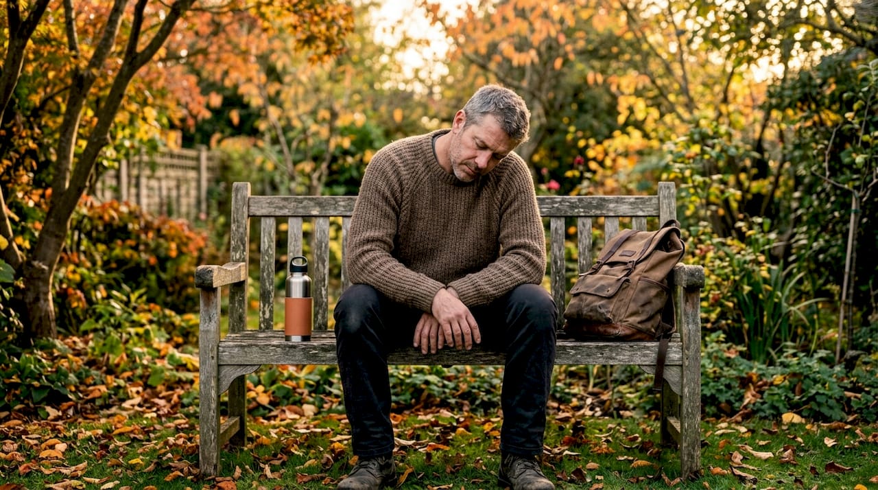 Man seated in park showing physical and mental fatigue