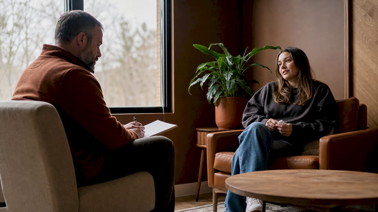 Psychiatric NP consulting with patient in office
