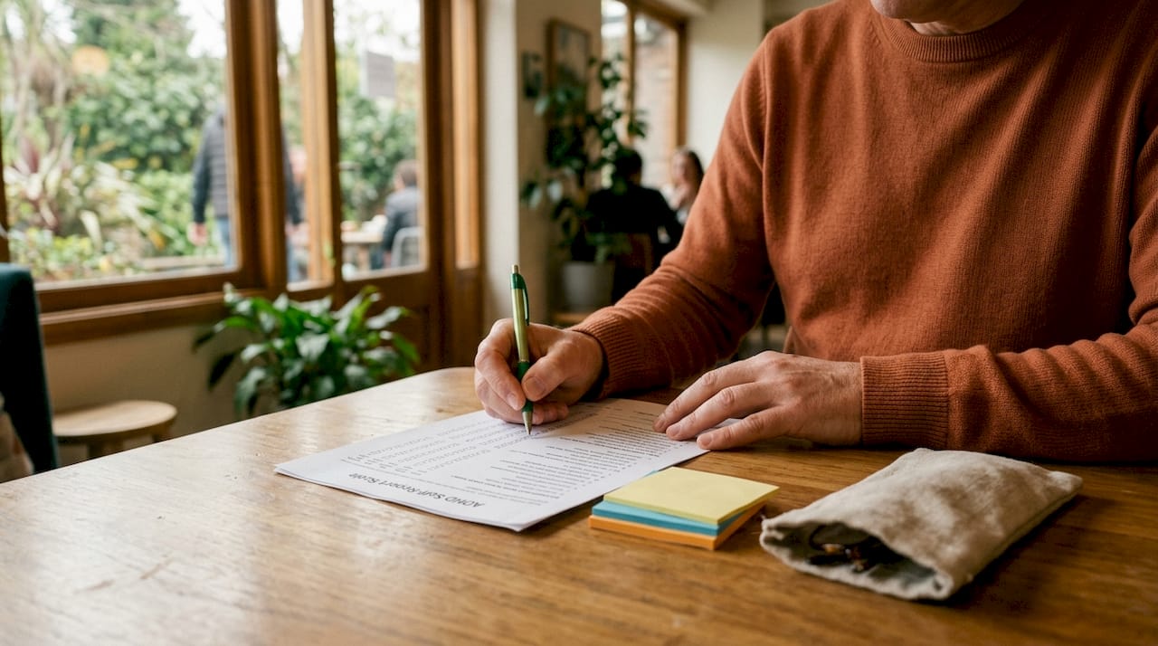 Hands completing ADHD rating scale form at home