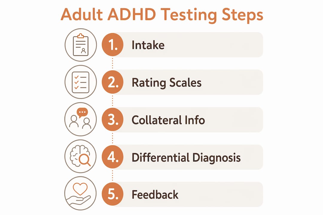 Infographic illustrating adult ADHD testing steps