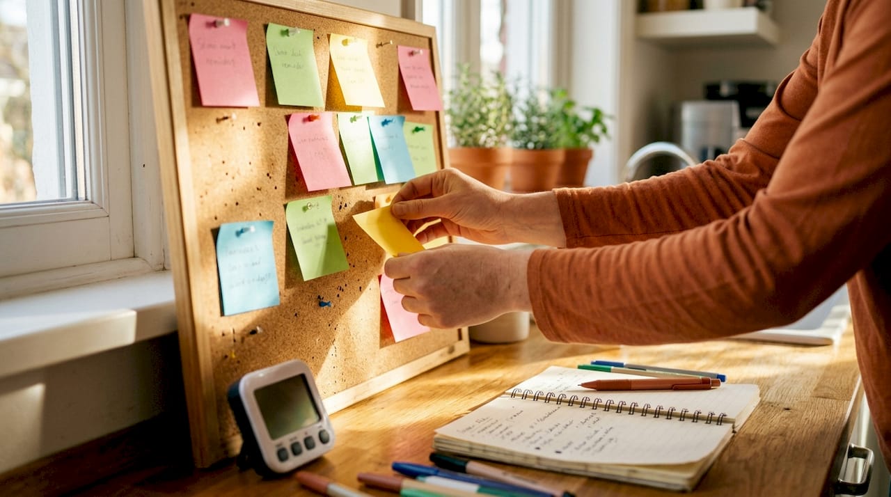 Hands organizing sticky notes for ADHD task management