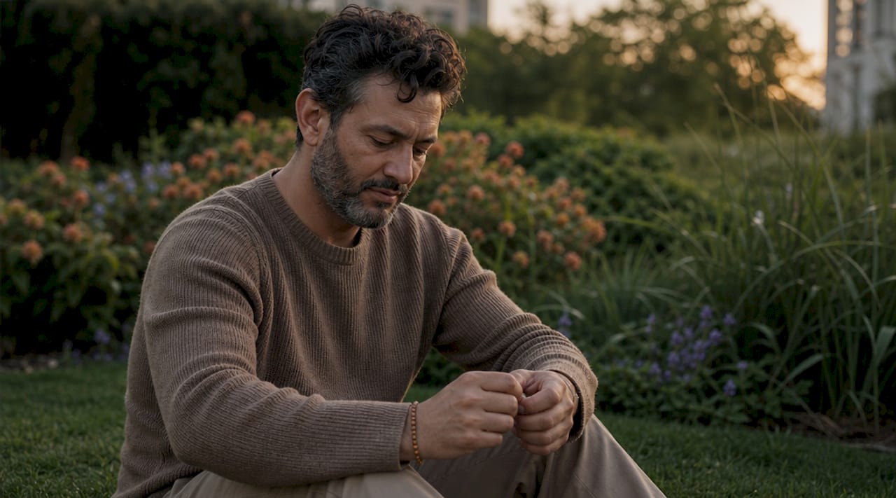 Man on bench showing internal restlessness