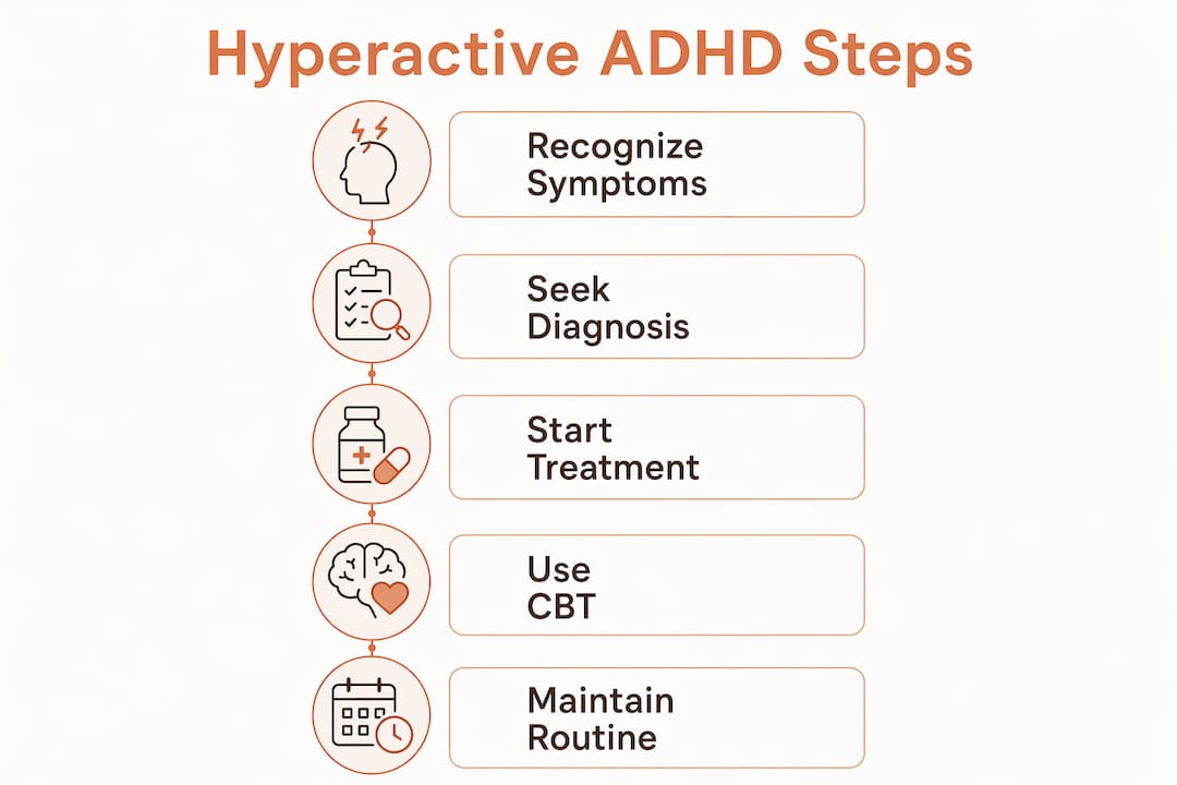 Infographic illustrating steps in managing hyperactive ADHD in adults