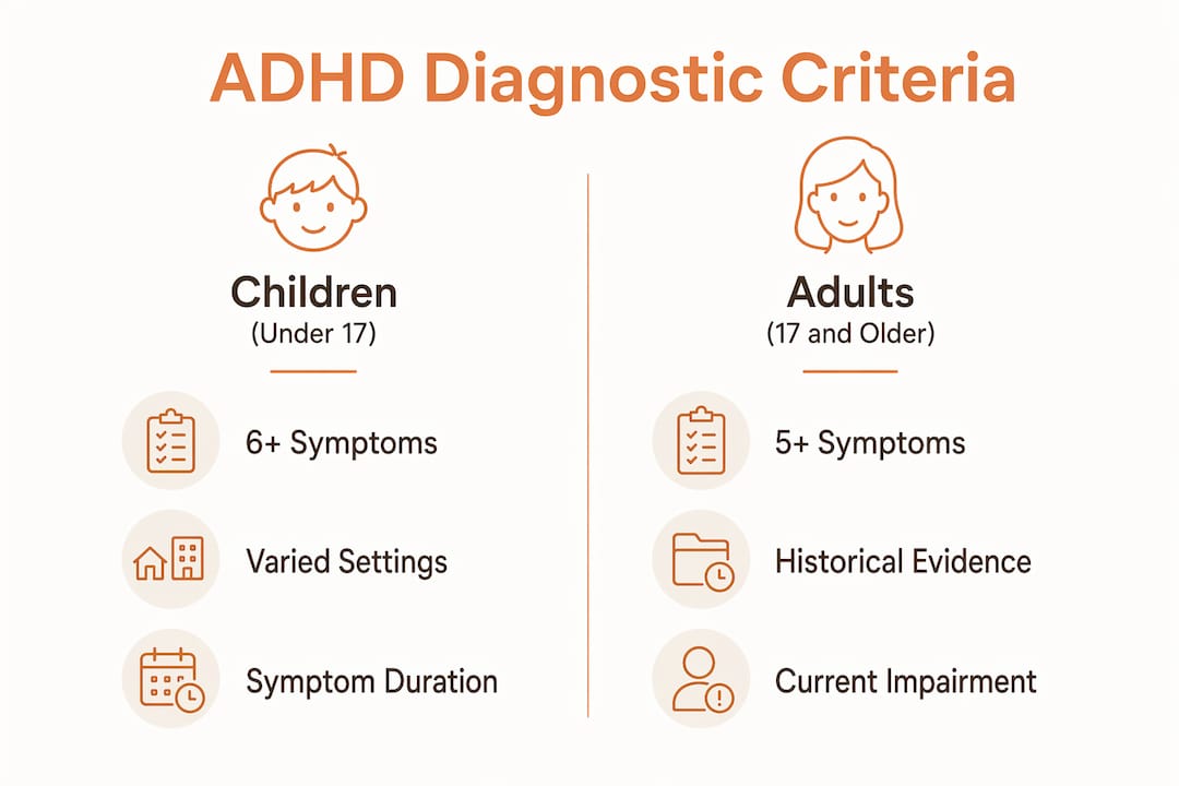 Infographic comparing ADHD criteria for children and adults