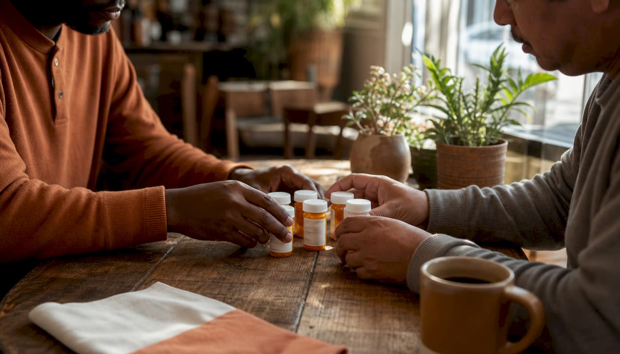 Close-up of hands holding anxiety medication bottles