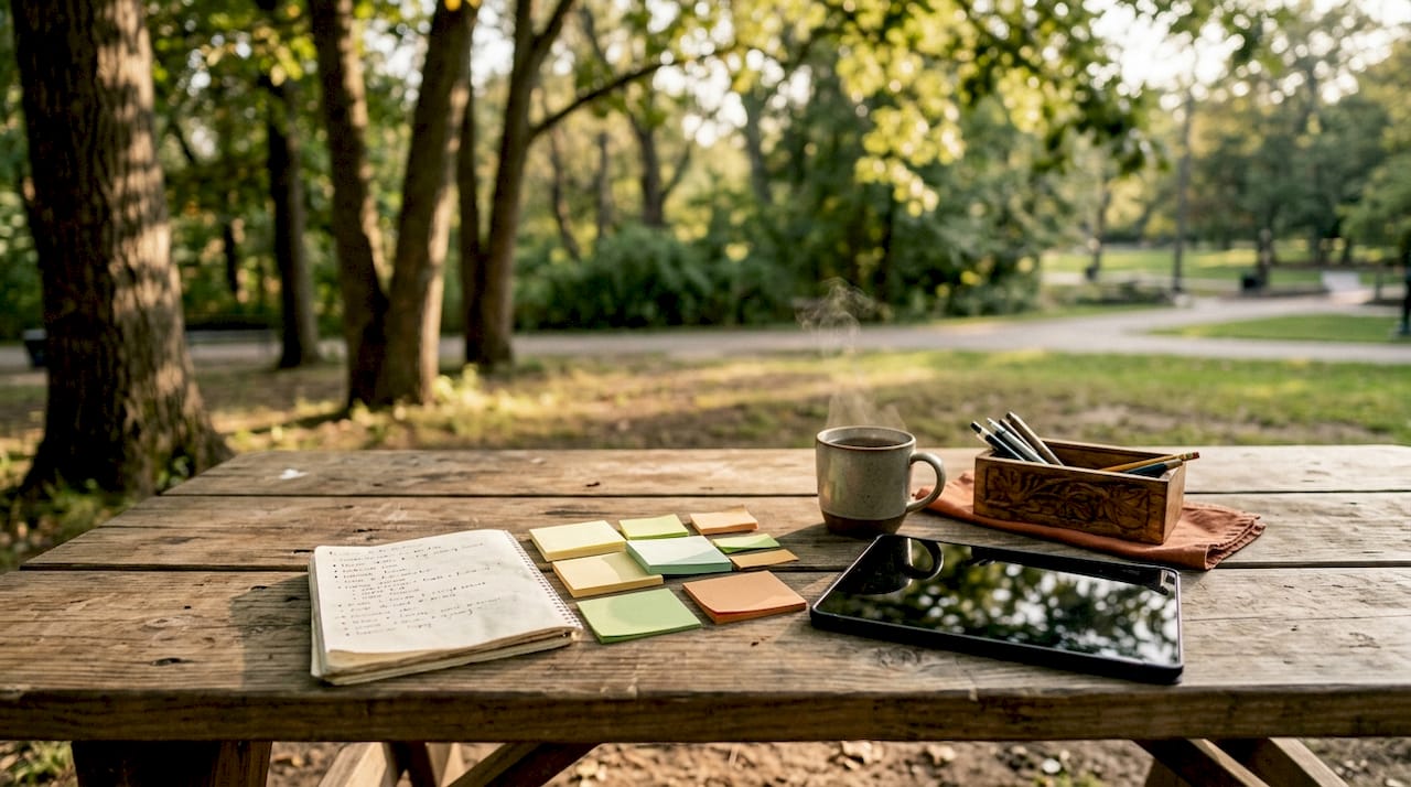 Overhead view of various note-taking tools and coffee
