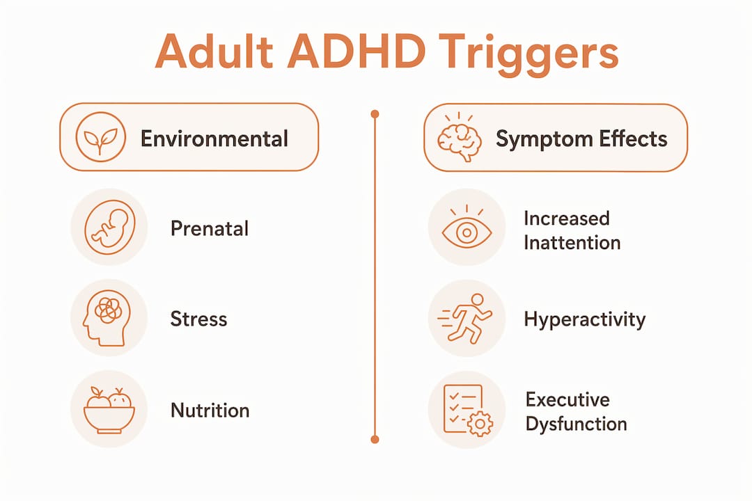Infographic outlining environmental factors and symptom effects of adult ADHD triggers