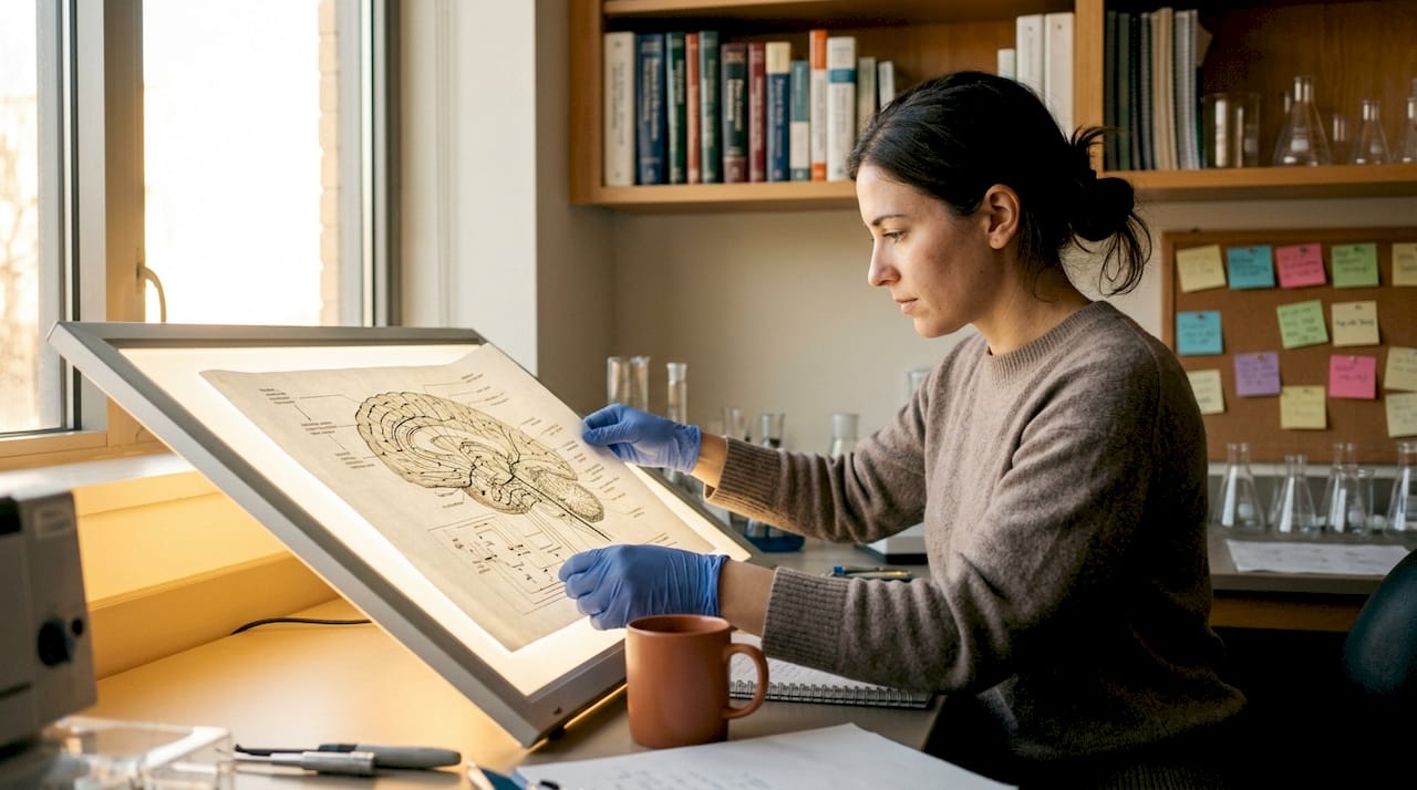 Scientist hands adjusting brain circuitry schematic