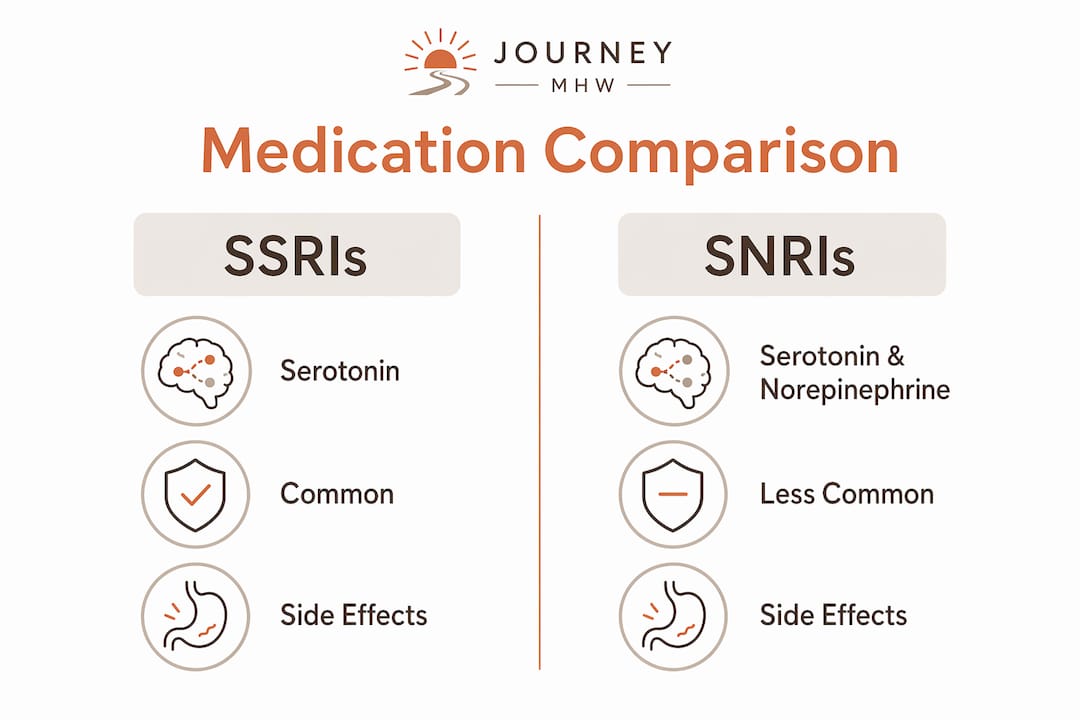 Infographic comparing SSRIs and SNRIs for anxiety treatment