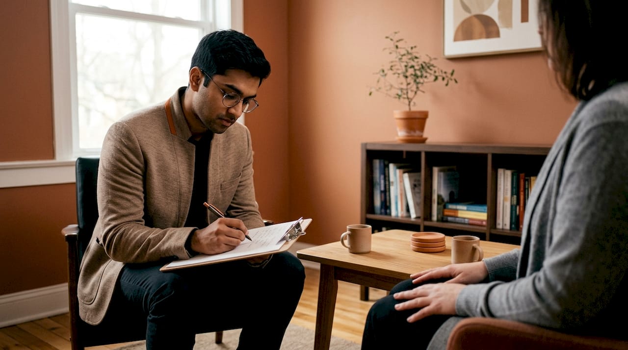 Clinician taking notes during psychiatric evaluation interview