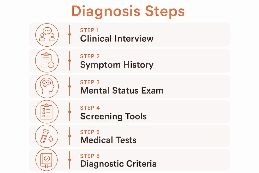 Infographic illustrating mental health diagnosis steps process