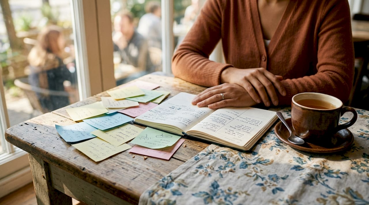 Hands by planner and sticky notes overhead view