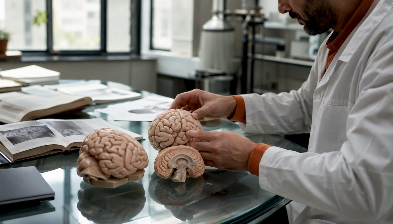Neurologist's hands with 3D brain models