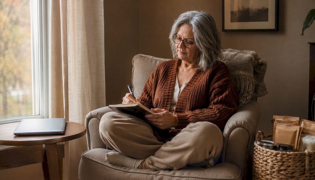 Senior woman writing notes during therapy session
