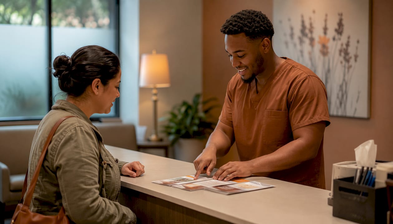 Nurse assisting patient at urgent care reception desk