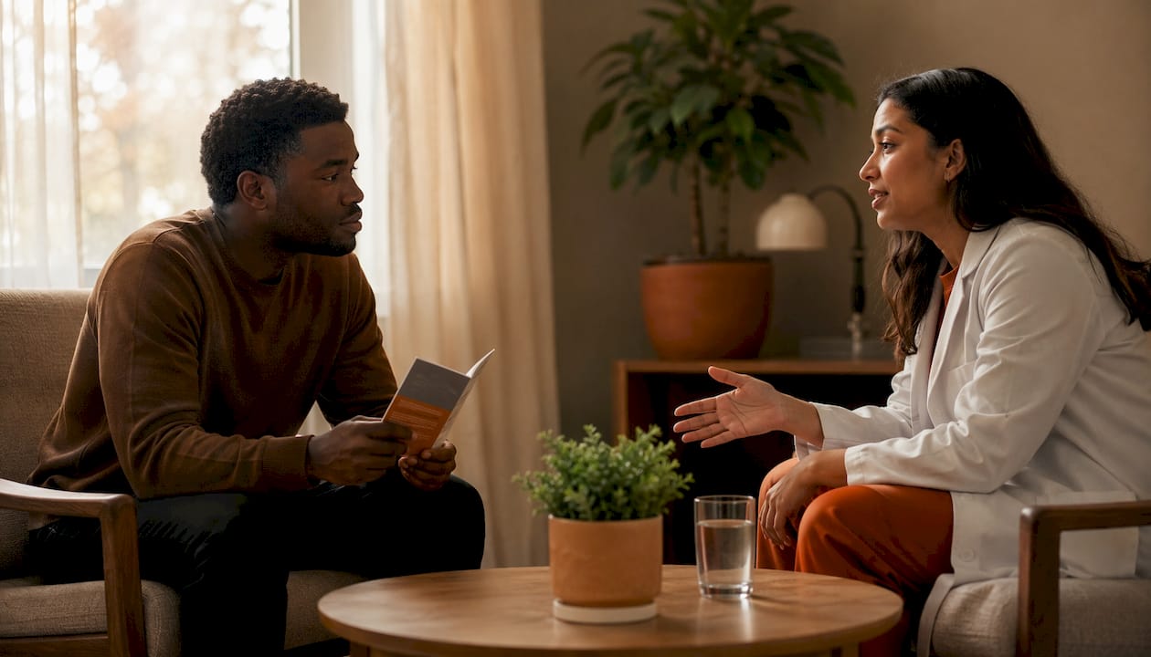 Patient discussing mental health referral with doctor
