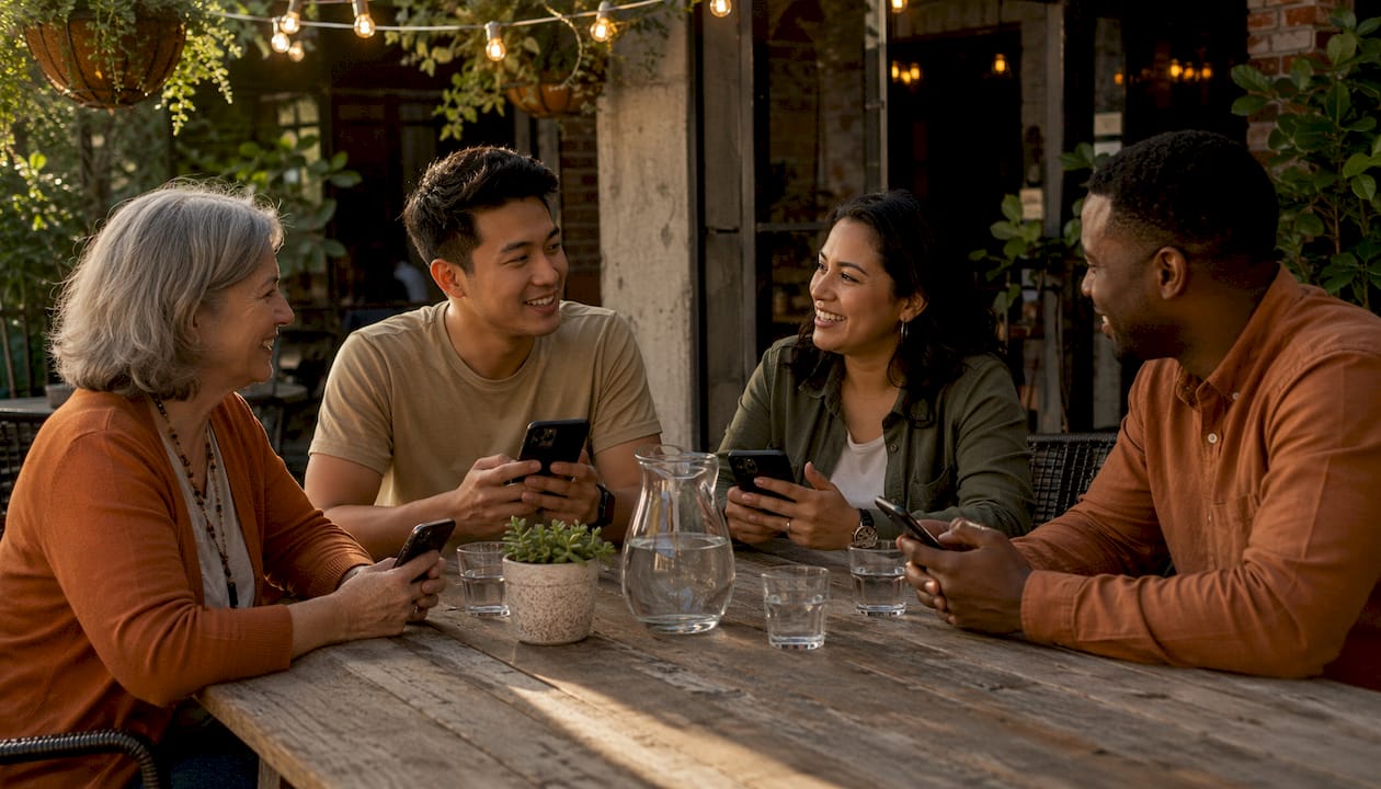 Group sharing online therapy feedback at cafe