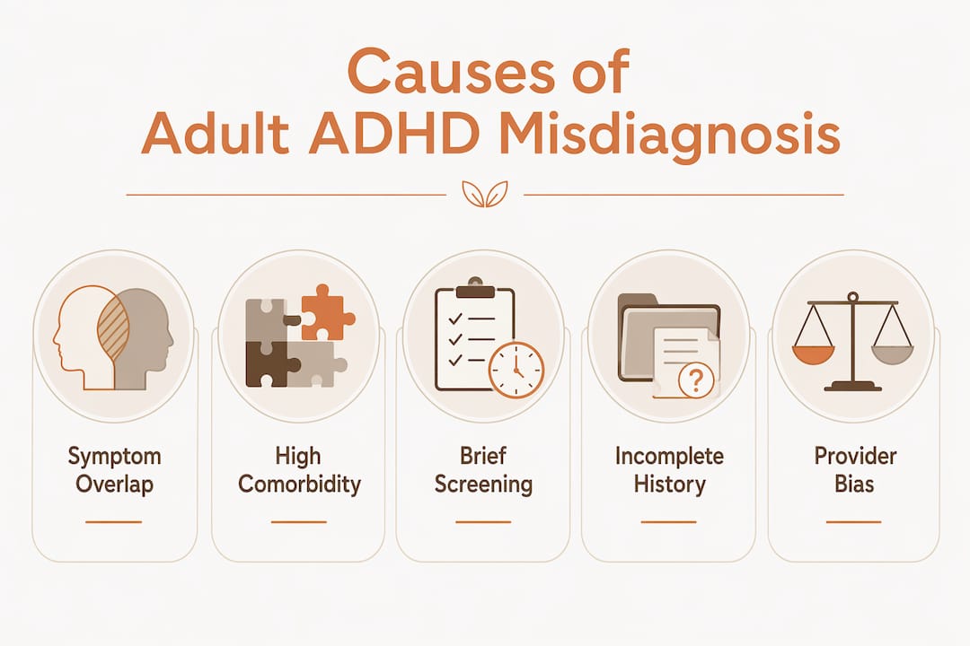 Infographic showing causes of adult ADHD misdiagnosis