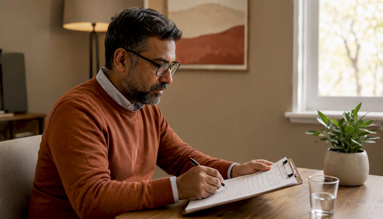 Psychiatrist marking anxiety checklist on clipboard