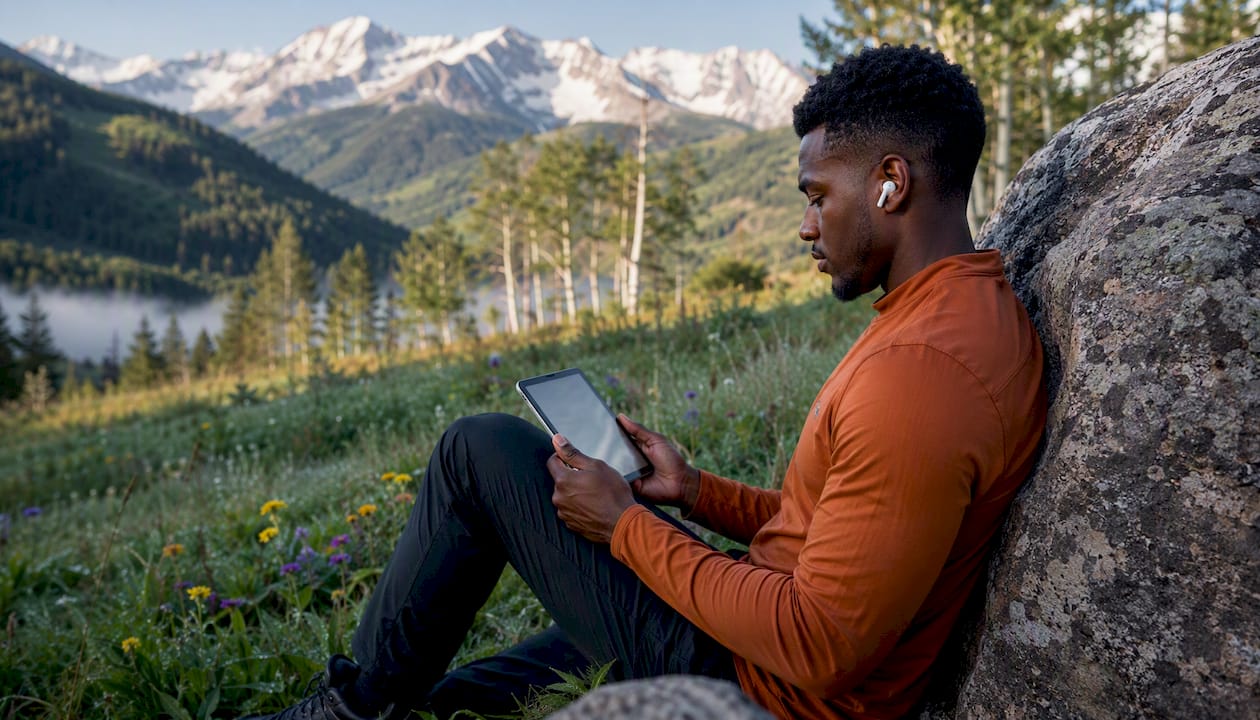 Man using tablet outdoors in Colorado mountain town park