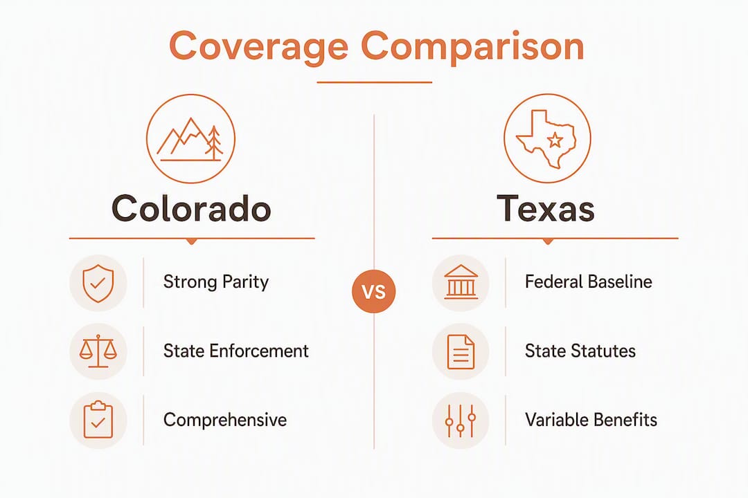 Infographic comparing mental health insurance coverage in Colorado and Texas