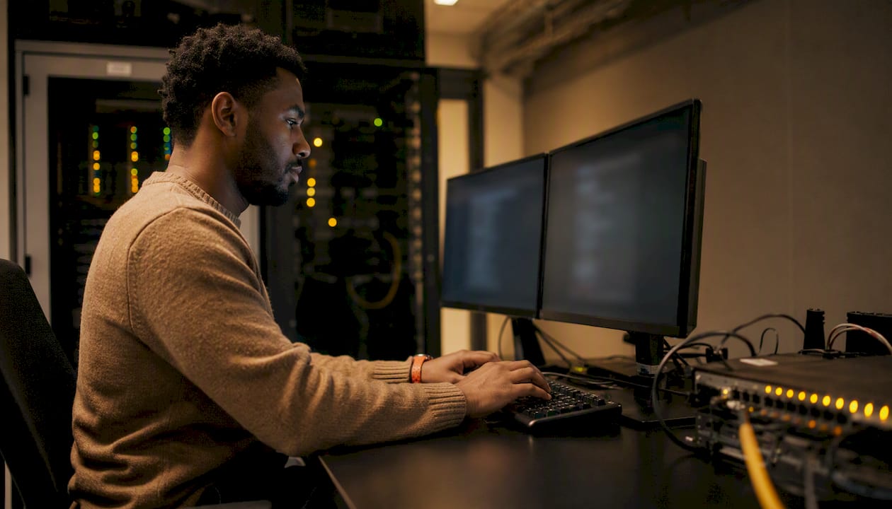 IT specialist typing in secure healthcare office