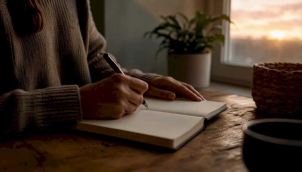 Hands writing in mood and symptom diary