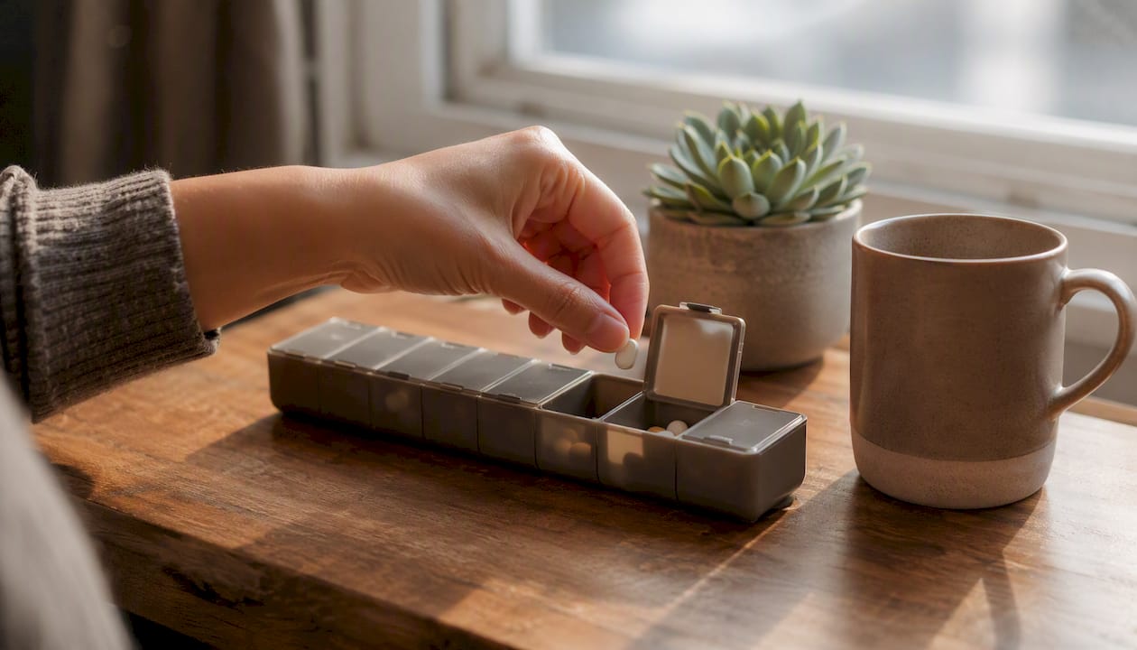 Hand placing pill into organizer