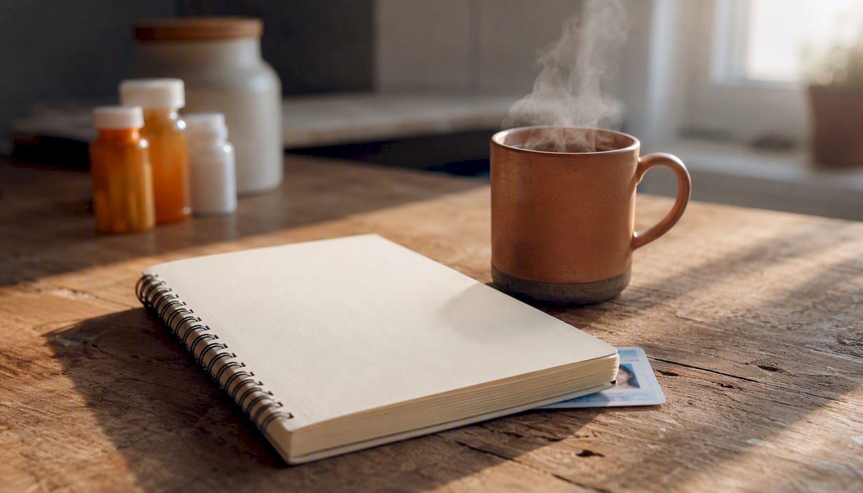 Desk with psychiatric appointment preparation items
