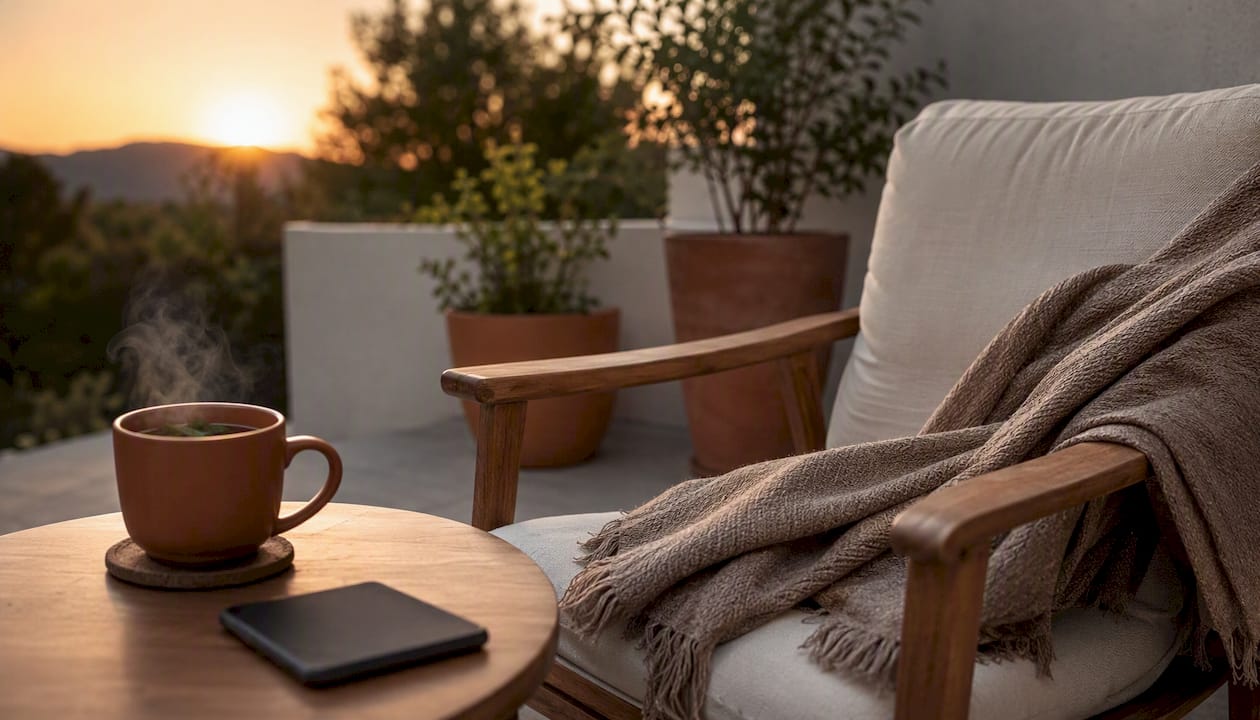 Living room chair with tea for virtual coworking