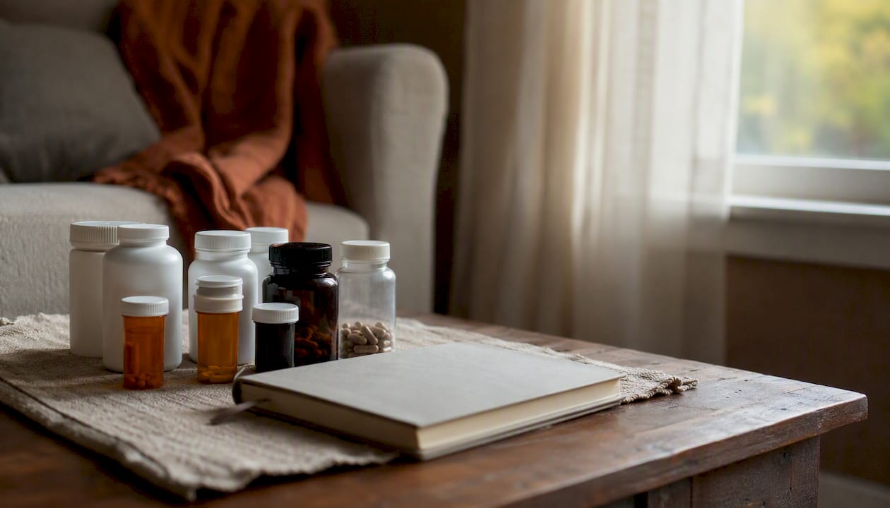 Table with assorted pill bottles for medication reconciliation