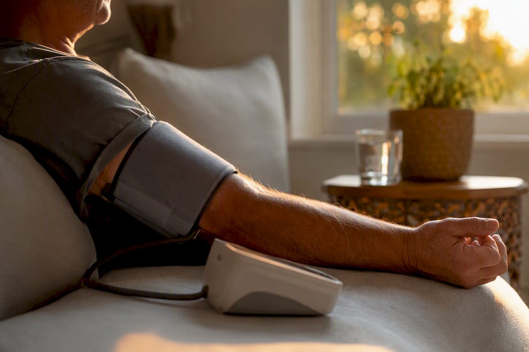Arm with blood pressure cuff measuring vitals