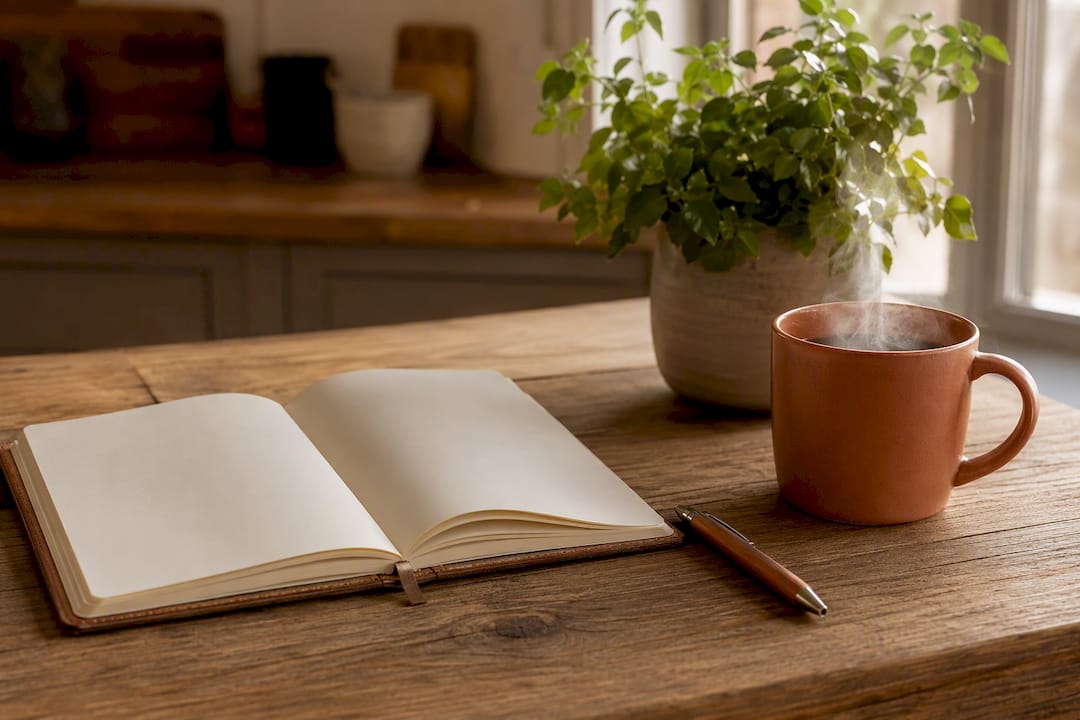 Blank notebook and coffee on desk