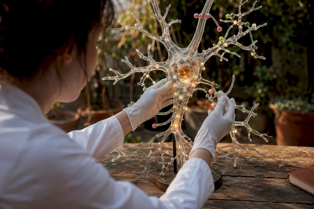Gloved hands adjusting neural synapse model