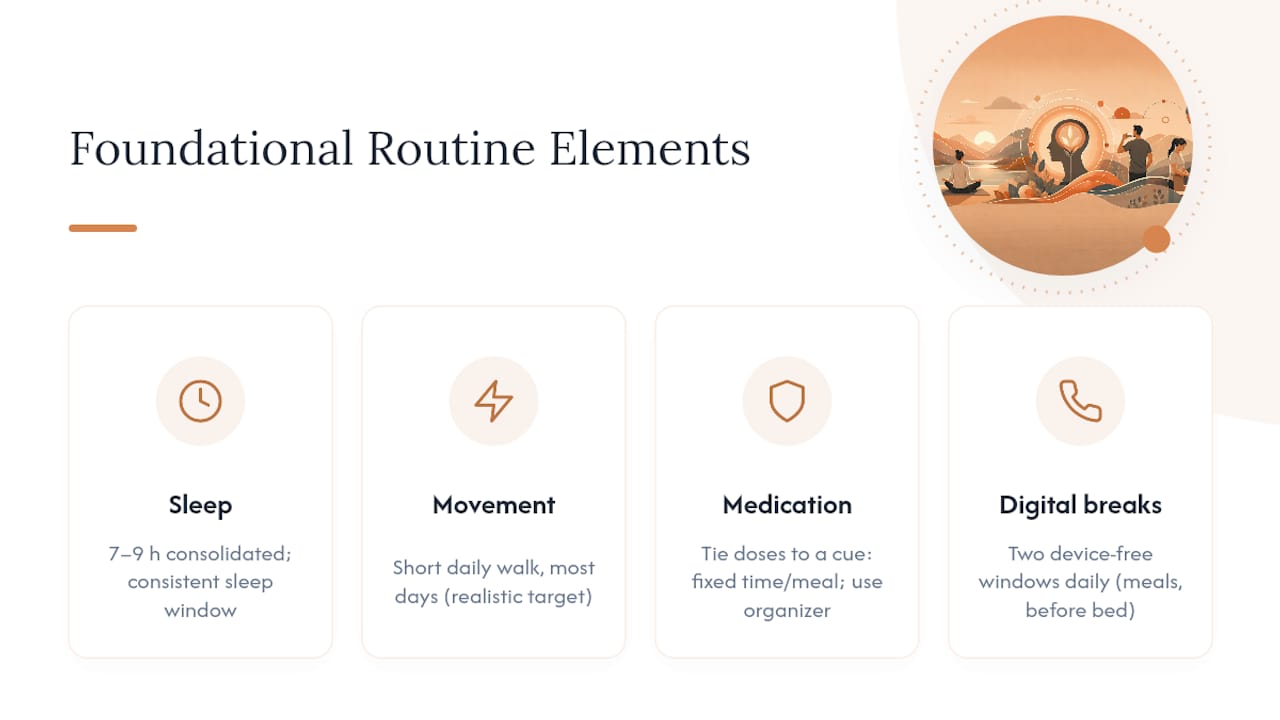 Diagram of four key mental health routine elements