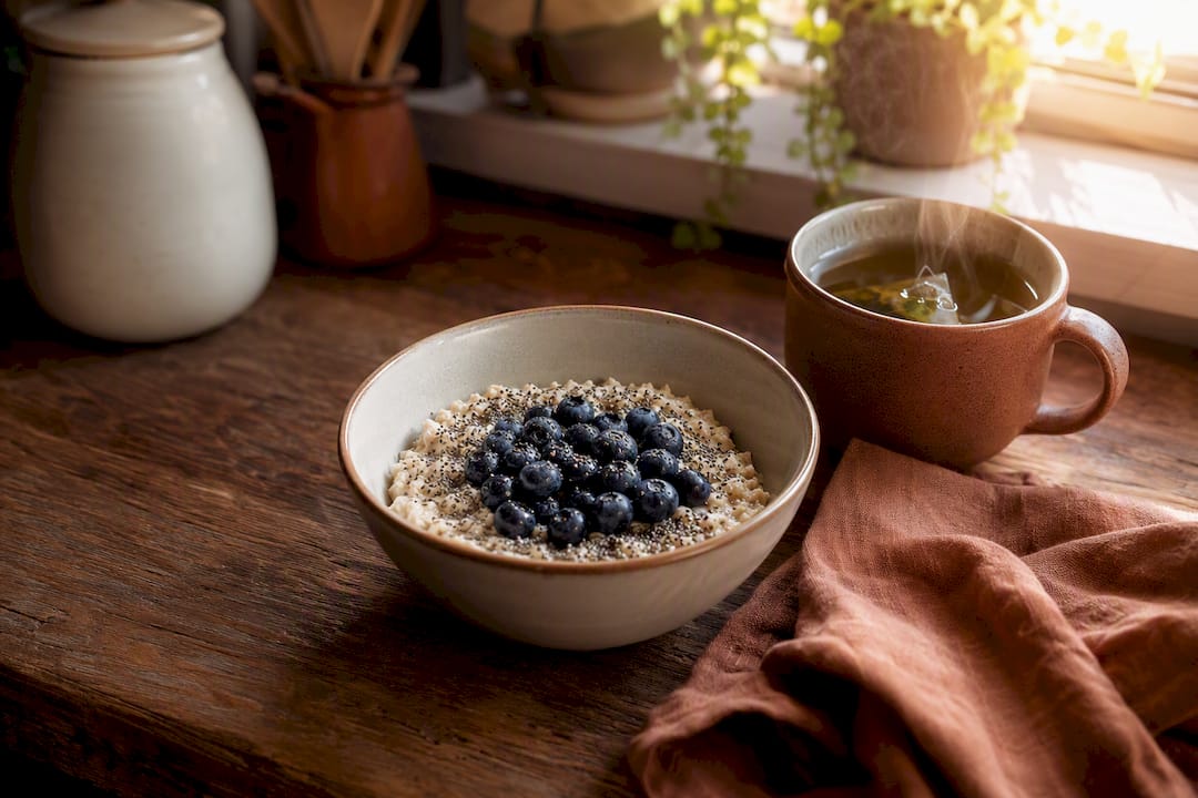 Oatmeal breakfast with almonds and berries