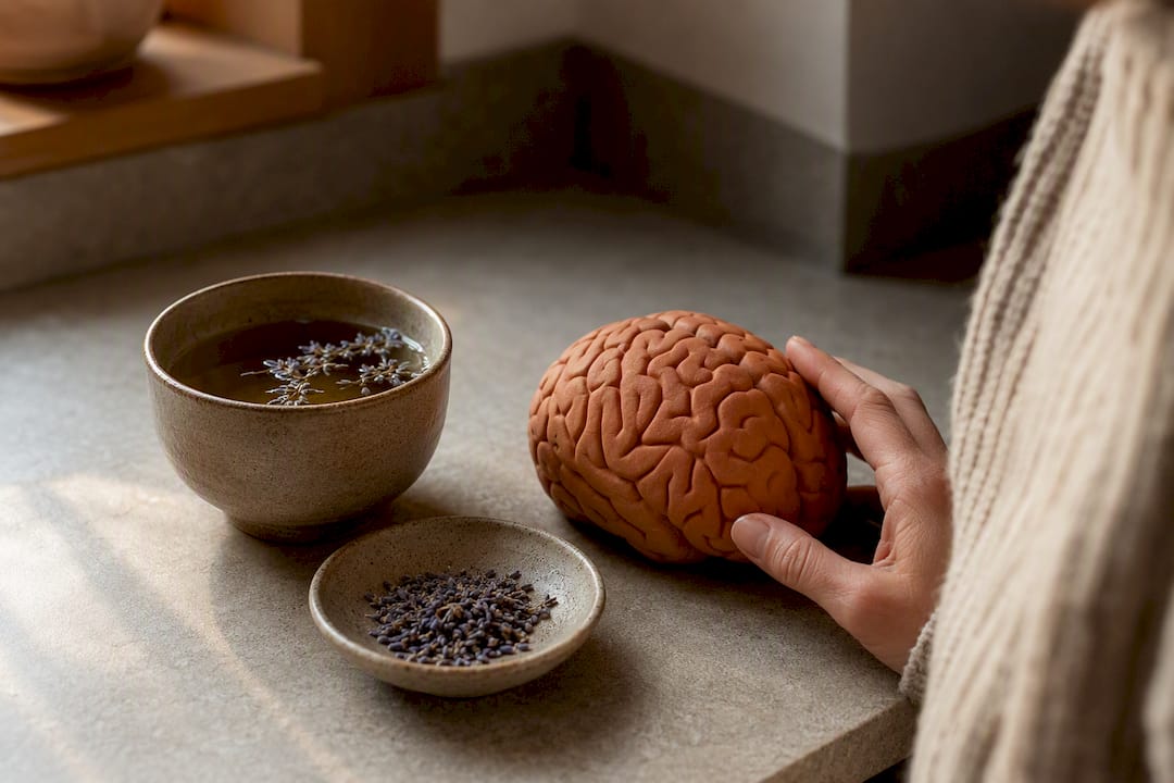 Hand holding brain model with tea and herbs