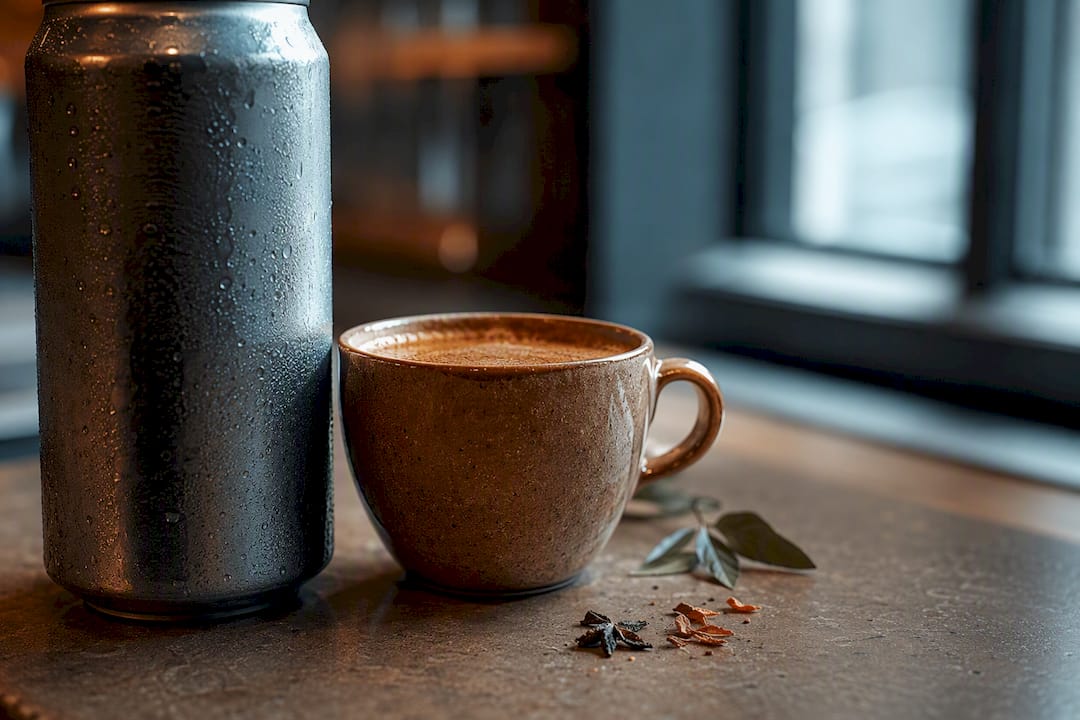 Anonymous energy drink beside coffee cup