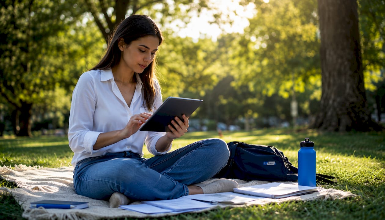 Mujer revisando distintas categorías en su tablet