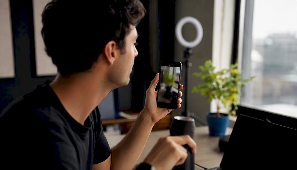 Emprendedor grabando un video para TikTok con su móvil