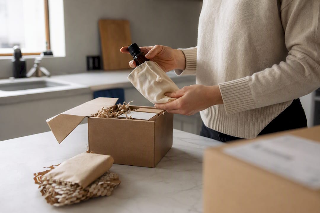 Manos empaquetando productos complementarios para reventa