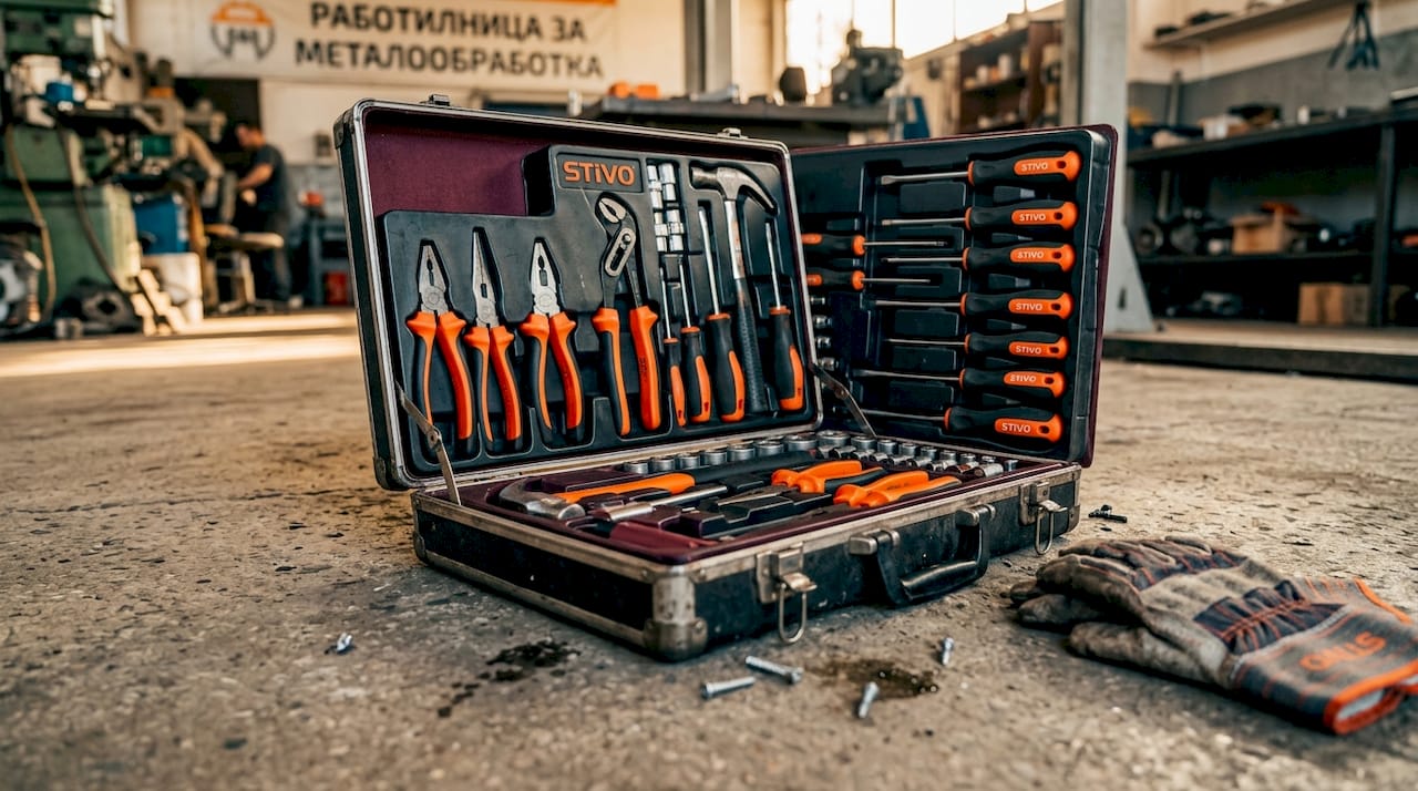 На масата е разположен отворен куфар с шлосерски инструменти, готов за работа.