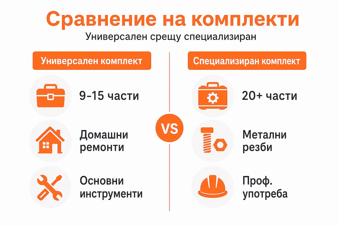 Сравнителна инфографика: универсален срещу специализиран комплект инструменти – плюсове и минуси