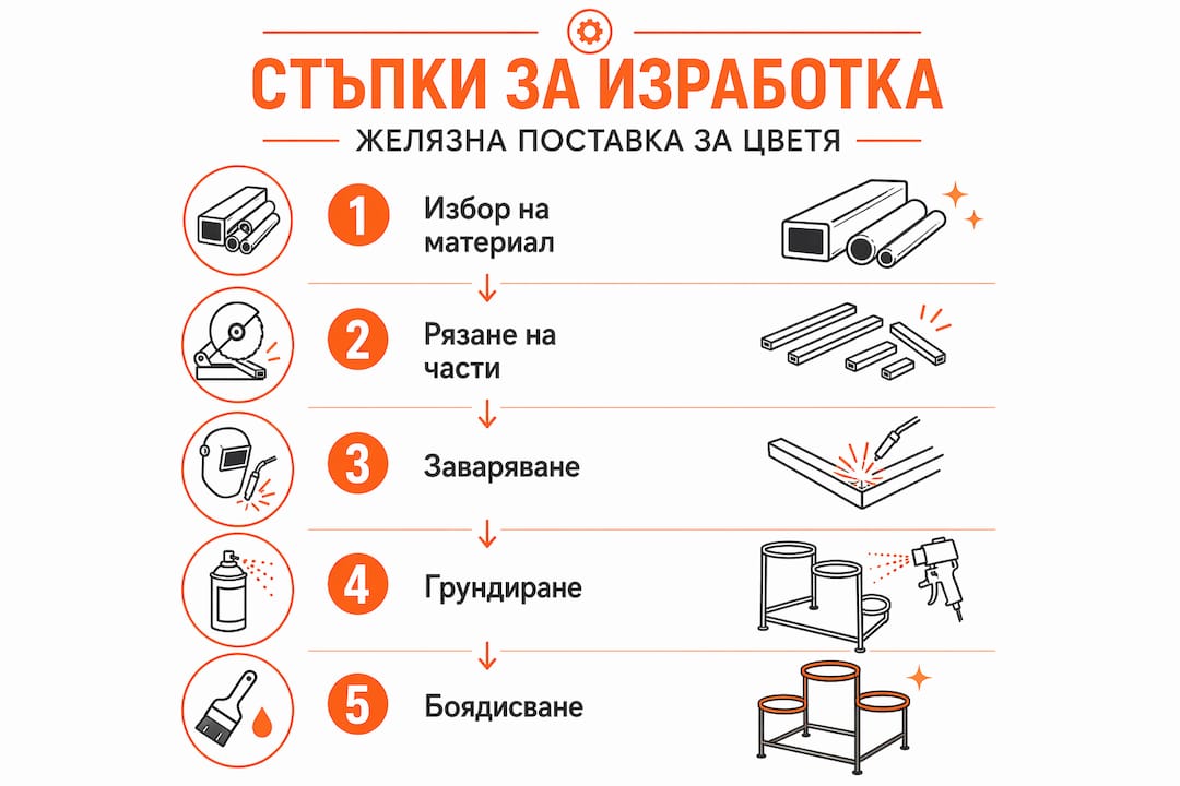 Инфографика, която показва стъпка по стъпка как се изработва стойка от желязо