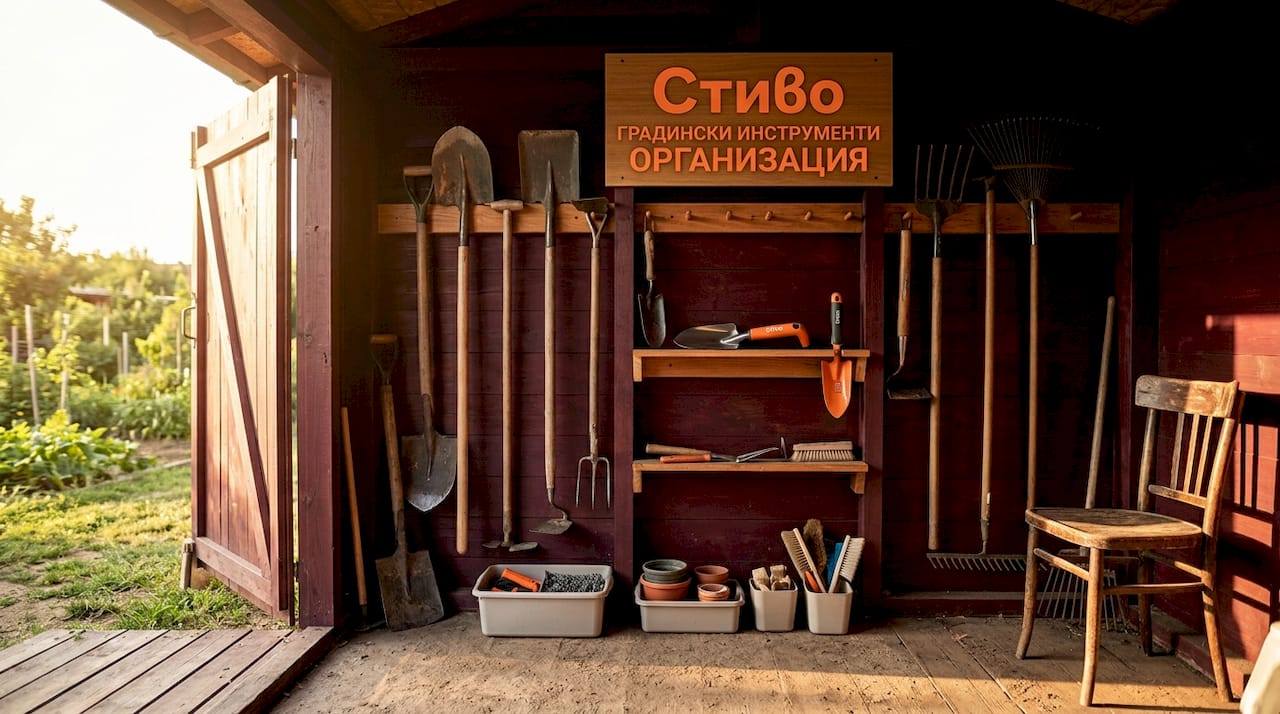 Градинските инструменти са подредени на закачалки под навеса.