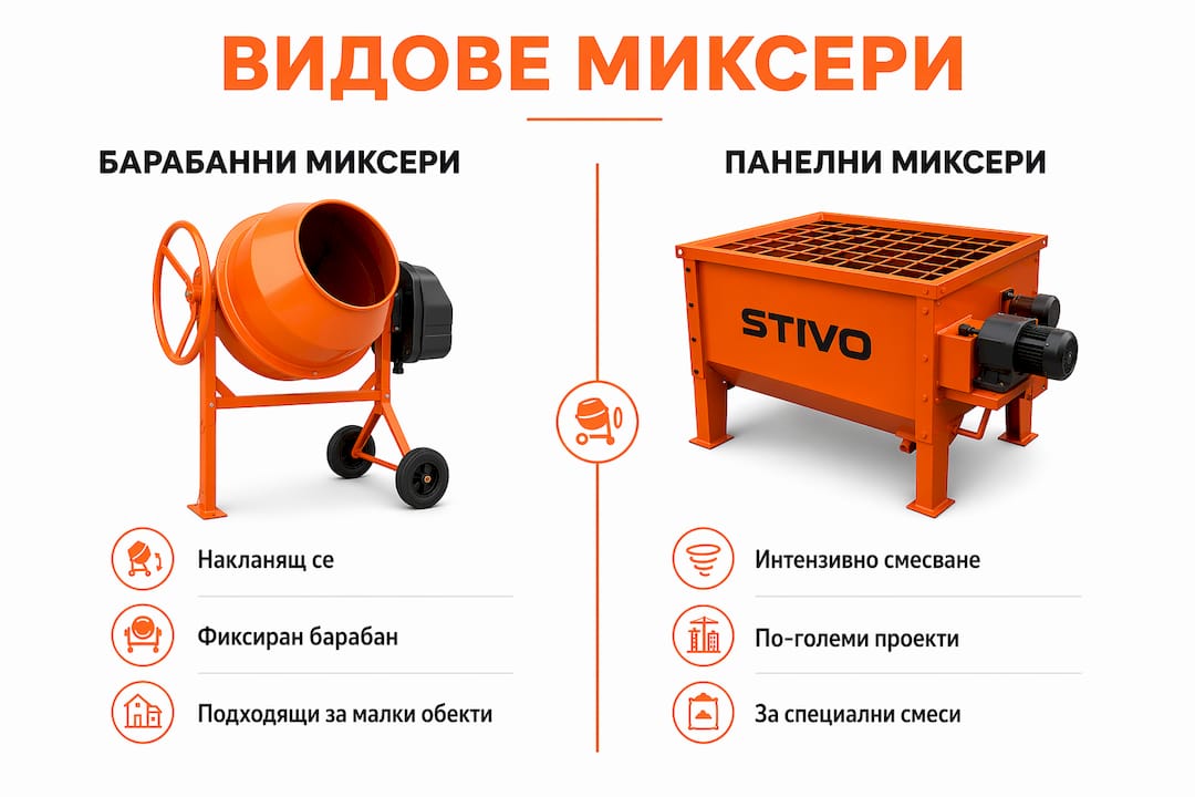 Сравнителна инфографика на различните типове строителни миксери