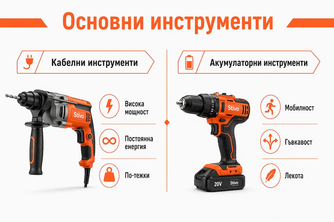 Вижте нагледно кои са предимствата и недостатъците на кабелните спрямо акумулаторните инструменти в нашата инфографика.
