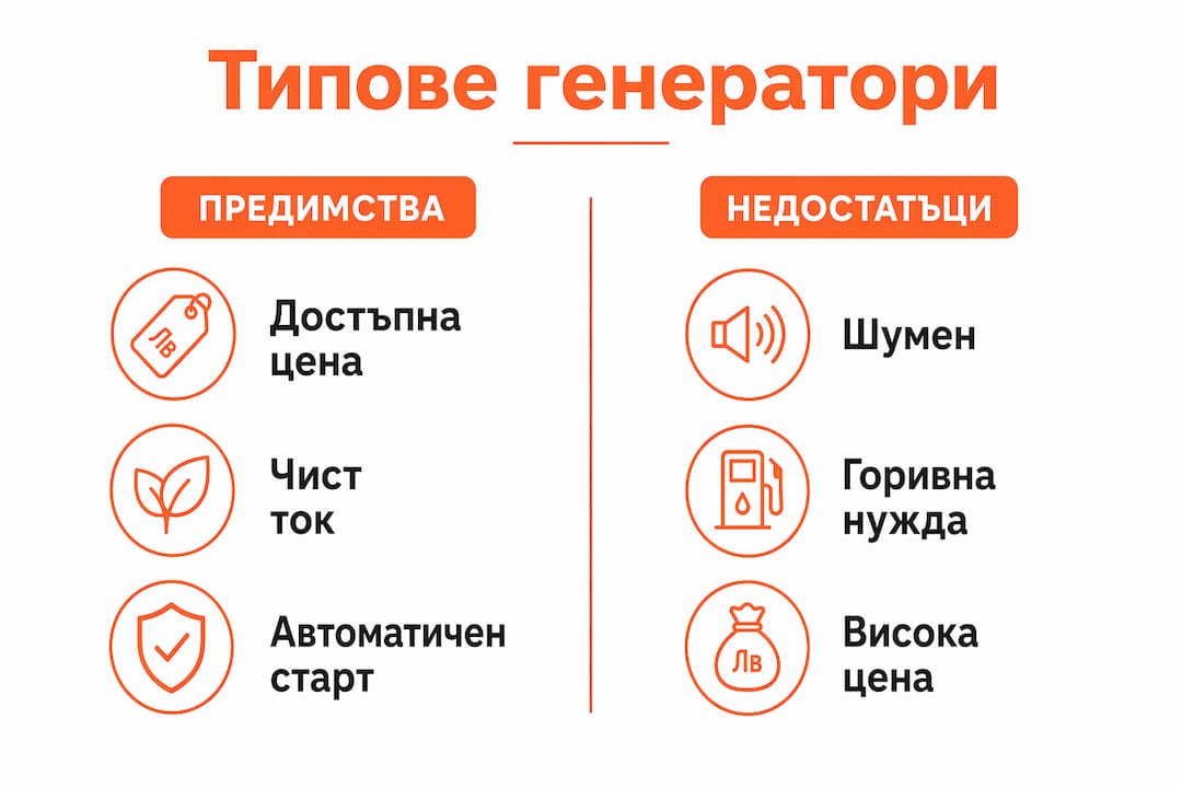 Инфографика, която показва плюсовете и минусите на различните видове генератори